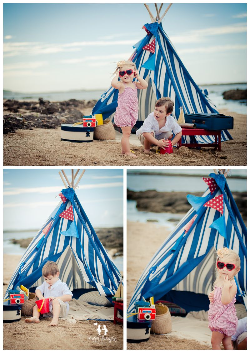 kids having fun at the beach with a teepee